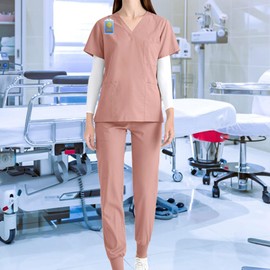 Baoblaze Uniform Scrub Set Work Suit Nurse Top Pants Work Clothes with Pockets Short Sleeve Work Clothes for Pet Groomer Healthcare, Pink, XXL