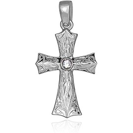 Leilani Hawaiian Jewelry Cross Scroll Engraved Pendant Necklace, Men's, Silver 925, Cubic Zirconia