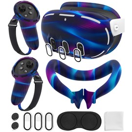 Silicone Cover Set Compatible with Oculus/Meta Quest 3, Touch Controller Grips Cover, VR Shell Cover, Facial Interface Cover, Protective Lens Cover, Tempered Glass Lens Caps (Aurora Blue)