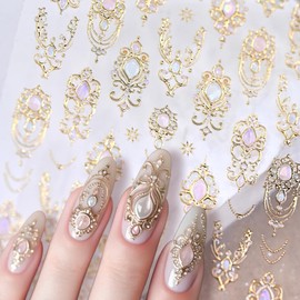 3D Self-Adhesive Gem Nail Stickers Vintage Style Totem Nail Supplies 5D Embossed Gold Necklace Nail Decals Baroque Scepter Nails Designs Pink Diamond Nails Art Decoration for Women Manicure 1 Sheet
