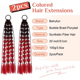 Colored Hair Extensions, Behufun 2Pcs 20" Lightweight Colored Hair Extensions for Kids Bubble Ponytail Extension with Hair Tie, Ombre Crazy Hair Day Accessories for Girls Festival Rave B45