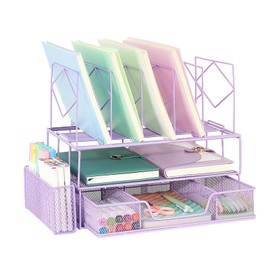 Youbetia Desk organizer with Pencil Holder and Drawer, Desk Organizers and Accessories, File Organizer Office Supplies Organization, Double Tray and 5 Upright Sections (purple)