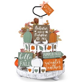 Sumind 15 Pcs Fall Tiered Tray Decor Set Fall Decorations for Home Autumn Wood Signs Thanksgiving Orange Brown Table Signs Farmhouse Wooden Maple Pumpkin Gnomes Tabletop for Festival(Heart)