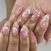 Pink Gradient Press on Nails Fake Nails with Flower Pearl Designs Glossy Acrylic Nails Almond Shaped False Nails Full Cover Medium Stick on Nails for Women Manicure DIY Nails 24 Pcs