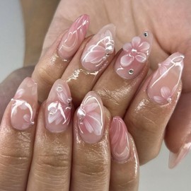 Pink Gradient Press on Nails Fake Nails with Flower Pearl Designs Glossy Acrylic Nails Almond Shaped False Nails Full Cover Medium Stick on Nails for Women Manicure DIY Nails 24 Pcs