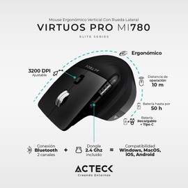 Acteck Mouse Ergonomico VIRTUOS Pro MI780 3000dpi Inalambrico 8 Botones Negro AC-936187