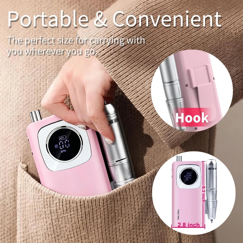 Professional Electric Nail Drill 45000RPM, Portable Rechargeable Electric Nail File