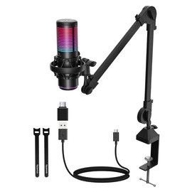 Squarock RGB Microphone, Gaming USB Microphone,Condenser Mic with 8 RGB Lights,Quick Mute, Noise Reduction,Streaming Mic Pattern Controls Gain Control for Podcast Studio Recording Audio - Color: BM10 boom arm