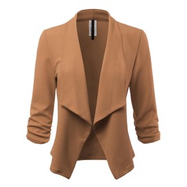 FASHIONOLIC Women's 3/4 Sleeve Blazer Open Front Cardigan Jacket Casual Work Office Blazer (Made in USA) (CLBC001) Khaki 1X