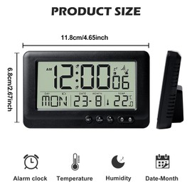 BORDEAG Digital Alarm Clock, Wireless Alarm Clock, with Date, Month and Temperature Display, No Ticking, Snooze Function, 144 x 86 x 30 mm, Black