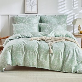 Tokokimo Bed Linen 200 x 200 cm, Bed Linen 3-Piece Duvet Cover, Floral Branch Pattern, Microfibre, 200 x 200 cm, Microfibre Bed Linen Set with Pillowcase with Zip 80 x 80 cm x 2, Light Green Leaf