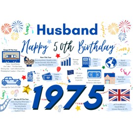 50th Birthday Card For Husband, Birthday Card For Him, Happy 50 Greetings Card Born In 1975 Facts Milestone