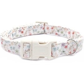 Floral Dog Collar Adjustable for Small Dogs - Cute Spring Summer Girl Dog Collar for Female Dogs, Blooming Flower Pattern Cotton Collar with Quick Release Buckle, Ink Blue Flowers-S