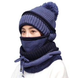 3 in 1 Warm Thick Knitted Beanie Hat Scarf and Mask Set Slouchy Snow Knit Cap Infinity Scarves for Women (Blue)