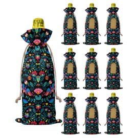 10 Pack Wine Bottle Bags, Mexican Teal Floral Wine Bottle Cover with Drawstring, Gift Bag for Champagne, Wedding, Birthday, Christmas, Thanksgiving, Party Mexico Ethnic Classic Black Abstract Art