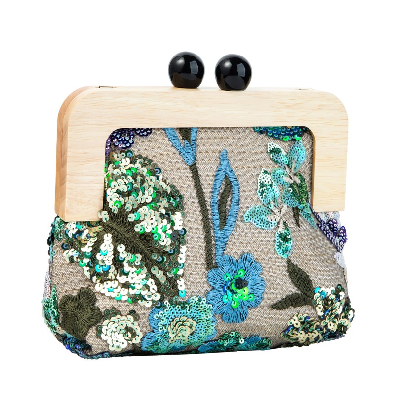 Abvokury Wooden Handle Sequin Embroidered Floral Handbag with Detachable Shoulder