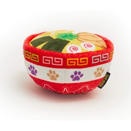 Pet London Ramen Noodle Bowl Soft Plush Dog Toy - Red Realistic Wobble Unusual Shape Dog Toy with Noodle Soup Graphics - Interactive Training Plush