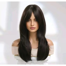 Unbranded Wig - Human Hair Blend  - Heat Resistant Dark Brown Wavy Curly Layers bangs