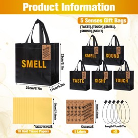 Pineraap 5 Senses Gift Bags for Him Her with 10 Gold Tissue Paper, 9.1x8.7x4.3In Reusable Non-Woven Sight Smell Touch Taste Sound Gift Bags with 5 Label for Birthday, Wedding, Valentine's Day Present