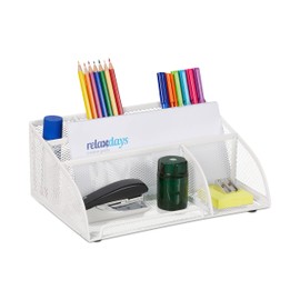 Relaxdays Desk Organiser, 5 Compartments, Mesh Design, Metal, H10.5 x D25.5 x 17 cm, Utensil Box for Office, White