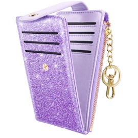 Womens Slim RFID Blocking Leather Wallet Cute Small Multi Card Organizer Bifold Wallet with Keychain, Purple, with Keychain, Compact