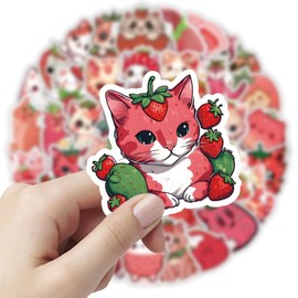 50 Pcs Strawberry Cat Stickers,Cat Graffiti Stickers,Vinyl Waterproof Sticker for Kids Teens Girls,for Phone Laptop Water Bottles Skateboard Computer Luggage Guitar Car Gifts Sticker