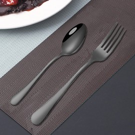 Juego de 12 tenedores y cucharas de cena de acero inoxidable chapado en negro, tenedores de servicio pesado findTop (8 pulgadas) y cucharas (7 pulgadas) juego de cubiertos, negro