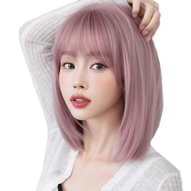 Wig, Pink, Bob, Short, Full Wig, Straight, Semi-Long, Women's, Wig, Small Face, Stylish, Cute, Bangs, Cosplay, Pink, Wig, Harajuku, Heat Resistant, Net Included