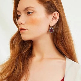 JIMARIN Bohemian Vintage Bronze Geometry Round Enamel Flower Dangle Hoop Lever Back Earrings Ethnic Handmade Wooden Beaded Circle Disc Teardrop Dangle Drop Earrings For Women (Red Teardrop)