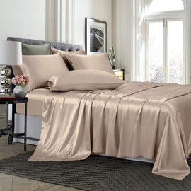 TREELY 4 Piece Satin Sheets Twin Size Silky Smooth Taupe Satin Sheet Set with Deep Pocket, Satin Fitted Sheet, Flat Sheet, 2 Satin Pillowcase