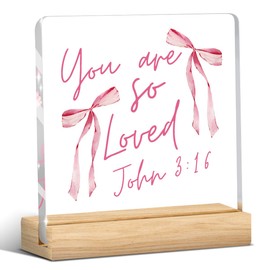 Pink Room Decor, Pink Bathroom Decoration, Christian Bible Verse Desk Decor, Christian Gifts for Women, Birthday Gifts for Women, Inspirational Bow Acrylic Office Decoration-You Are So Loved John 3:16