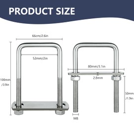 SRZTXU 2 Sets M8 Square U-Bolts,u-Bolts 2 inch Wide,304 Stainless Steel Square u-Bolts,with Nuts,Bolt Plate and washers (2, M8 x 50mm x 100mm)