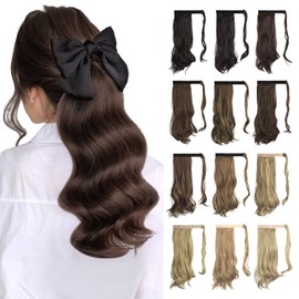 SOFEIYAN Curly Ponytail Extension 15 Inch Heat Resistant Synthetic Natural Wavy Hairpiece Wrap Around Pony Tail Hair Extensions for White Black Women Hair Piece, Darkest Brown/Dark Auburn Mix