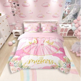 Ballet Dress 7 Pieces Bedding Set Queen Bed in a Bag,Girly Princess Dress Comforter Set with Comforter,Flat,Fitted Sheet,Pillowcases,Pillow Covers,Girls Women Pink Soft Warm Microfiber Bedding