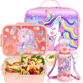 Kids Bento Lunch Box Set with 1200ml Leak-Proof Lunch Containers with 3 Compartments, 22oz BPA-Free Water Bottle, Insulated Lunch Bag for Back to School Kids Girls Boys