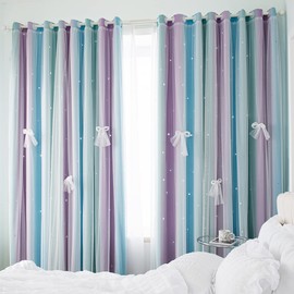 Yancorp Kids Curtains for Girls Bedroom Princess Curtains for Daughter Room 84 Inches Long Star Curtains with Tieback & 3 Bowties(Purple Teal Blue, W52 X L84),1 Panel