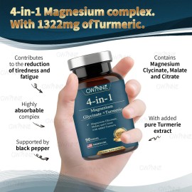 Gwynne 4 En 1 Triple Magnesium Complex 90 Cápsulas:1322mg De Glicinato De Magnesio,malato De Magnesio Y Citrato De Magnesio,2000mg De Curcumina,para Fortalecer Los Músculos,los Nervios Y La Energía