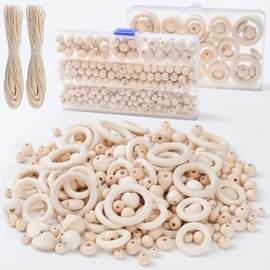 RUBY 416 Pieces Wooden Beads Macrame Set Wooden Rings for Crafts Wooden Balls with Hole Kit Contains 372 Natural Wooden Beads, 42 Wooden Rings Macrame Accessories for DIY Jewellery Making