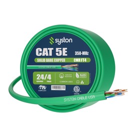 Syston Cable Technology Cat 5e Ethernet Network Cable - 50 FT，350MHz 24AWG Solid Bare Copper Wire Outdoor/Indoor, Bulk No Ends 10 Ft to 1000 Ft Available, Heat Resistant Riser Rated - CMR