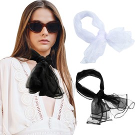 Geyoga Pack of 2 Square Chiffon Retro Scarf Lightweight Silk Chiffon Neckerchief for Girls Women 50s Neckerchief Head Scarf, black, white