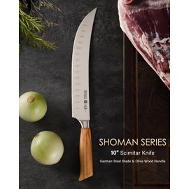 Mitsuharu 10" Butcher Knife, SHOMAN Series Curved Cimitar Breaking Knives, with Ergonomic Olive Wood Handle, German Steel Carving, Sharp Meat Slicing for Roast Ham with Case (Butcher Knife)