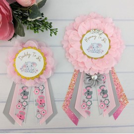 Baby Girl Pink Elephant Baby Shower Ribbon Keepsake Gift For Mom And Dad To Be, Pink Elephant Baby Sprinkle Mommy And Daddy To Be Pin Set, Pregnant Expecting Mom Gift Idea, First Time Mom Gift