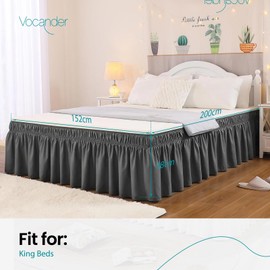 Vocander Valance Sheet King Size Dark Gray, Bed Skirt Pleated Wrap Around 152 × 200 cm for King Beds, Easy to Install Machine Washable