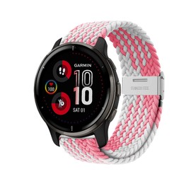 Niboow 20mm Strap for Garmin Venu Sq 2/Venu Sq 2 Music/Venu Sq/Venu Sq Music/Venu 2 Plus, Elastic Nylon Braided Watch Bands for Garmin Vivoactive 5/Vivoactive 3 Music/Forerunner 245 - Pink/White