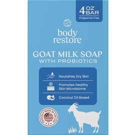 Body Restore Goat Milk Soap 4 OZ Bar 4 Pack - Coconut Oil Based, Probiotics, Self Care Gifts for Women, Men, Natural Body, Face & Hand Wash, Skin Care, Travel Essentials - Fragrance Free