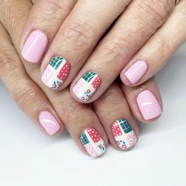 24 PCS Christmas Press on Nails Short Square - ZWENJIE Winter Cute Pink Glossy Fake Nails French Flowers Full Cover Artificial Acrylic False Nail Color Rural Lattice Designs Xmas Holiday Glue on Nails