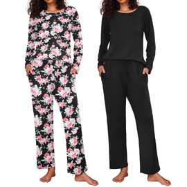 Ekouaer 2 Pack Women's Pajama Set Soft Long Sleeve Sleepwear Loungewear Pjs Sets with Pockets,XX-Large