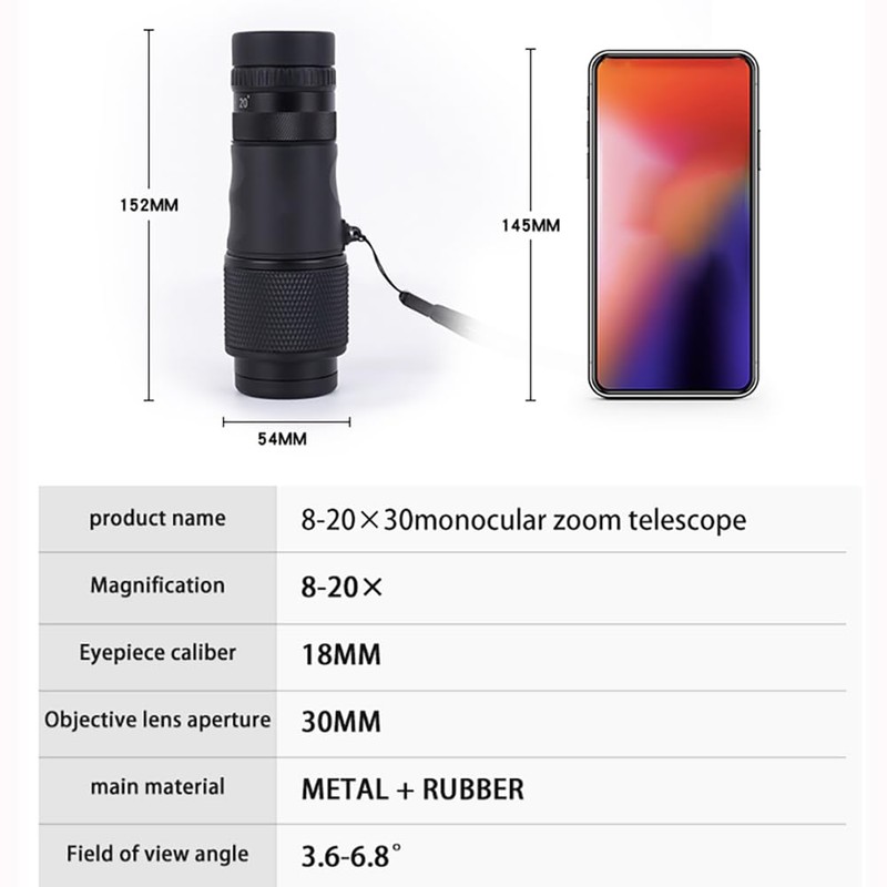 Monocular 8-20X Zoom Monocular Portable Telescopic Binoculars BAK4 Waterproof Spotting