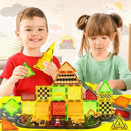 Magnetic Tile Kids Magnetic Construction Set with Crane,Magnetic Building Blocks for Boys Girls Ages 3-5 5-7 8-12,Includes Truck Toys,Crane,Road Tracks,Traffic Roadblock Signs and Play Mat/Storage Bag