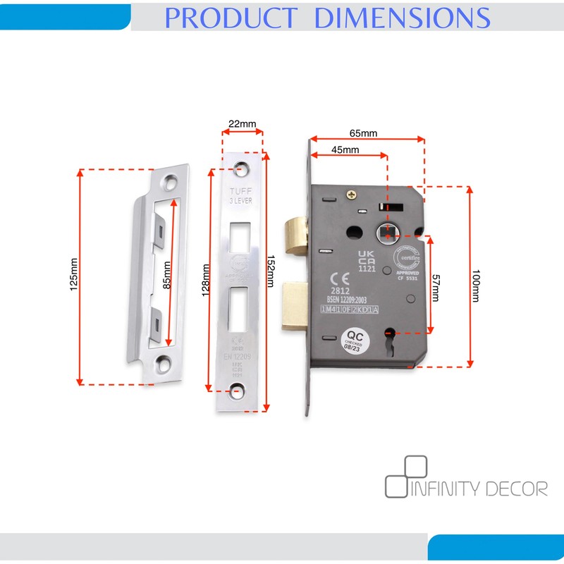 Infinity Decor Fire Rated Polished Chrome 3 Lever Mortice Sash